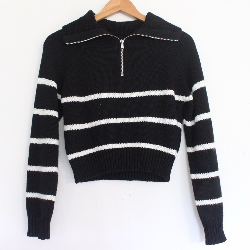 Olivaceous Quarter Zip Striped Knit Cropped Sweater